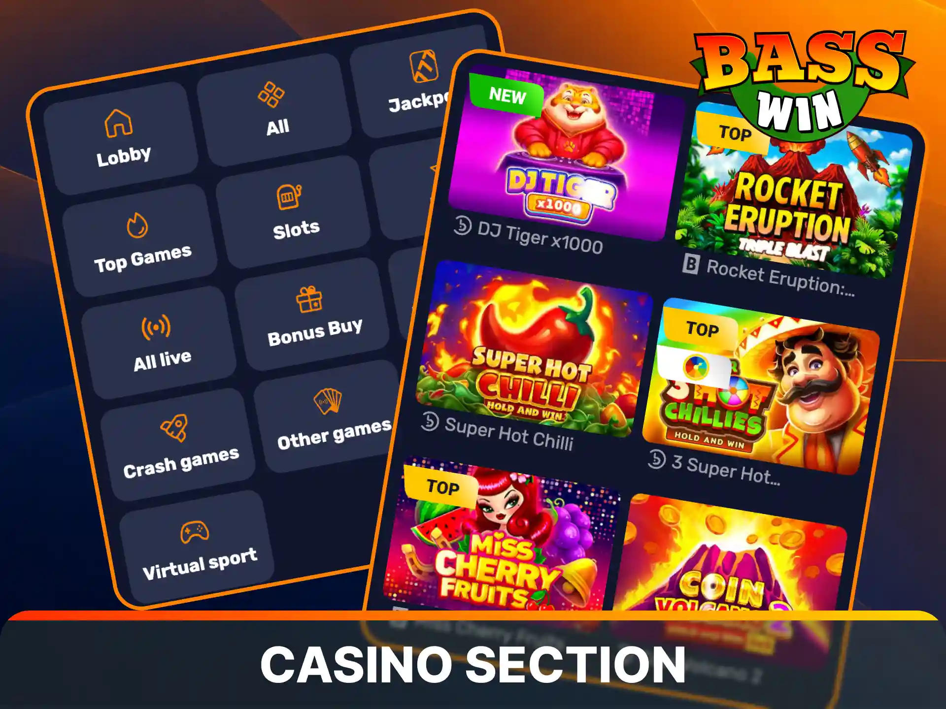 Spin premium slots and play live table games inside the Basswin Casino section in the app.
