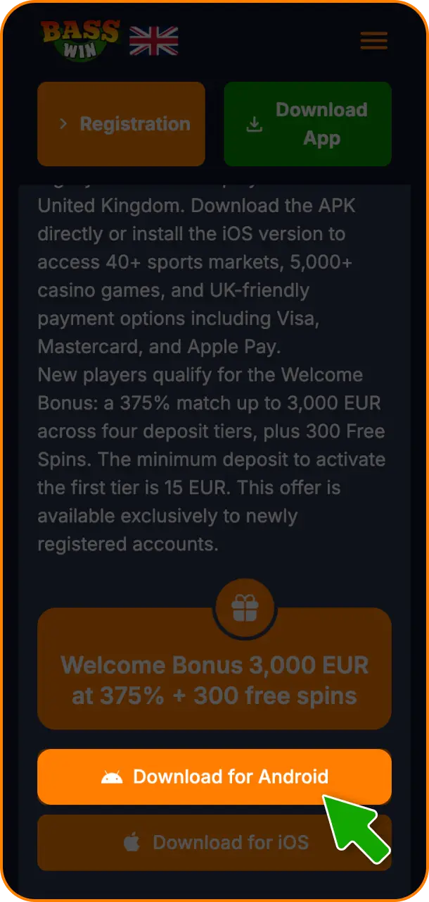 Press the setup icon to tap the download button and save the mobile Basswin software.