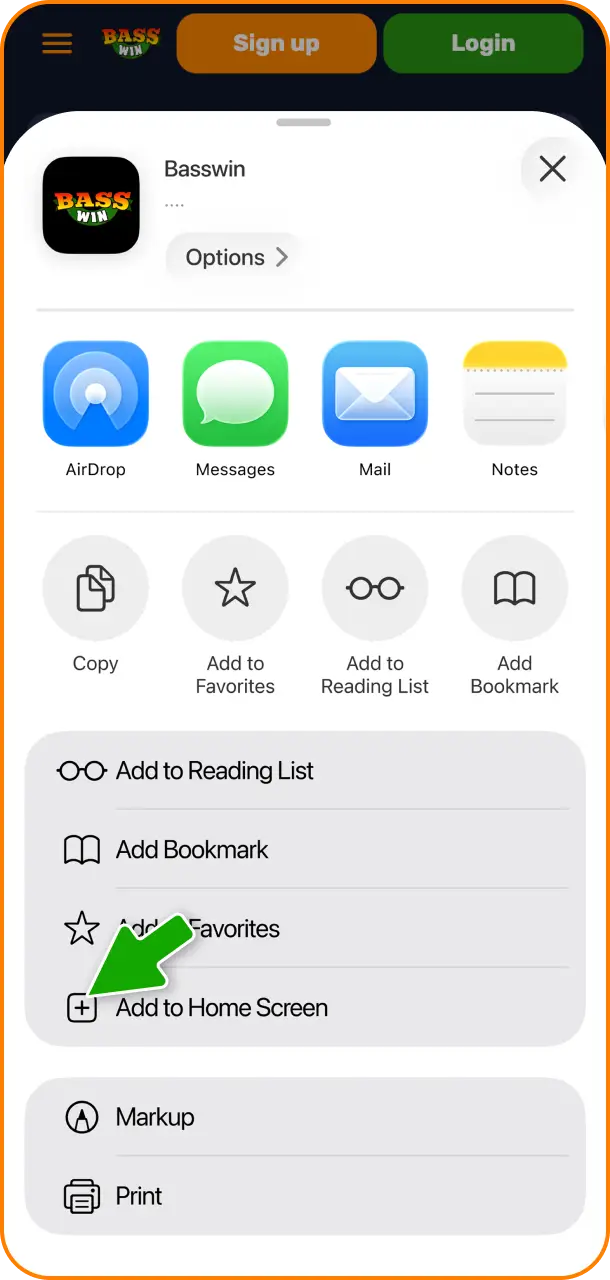 Use your browser menu settings to add to home screen the Basswin application link.