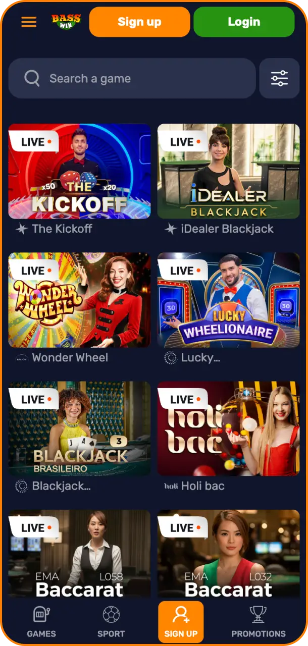 Stream real-time dealers inside the app interface live casino platform from Basswin.
