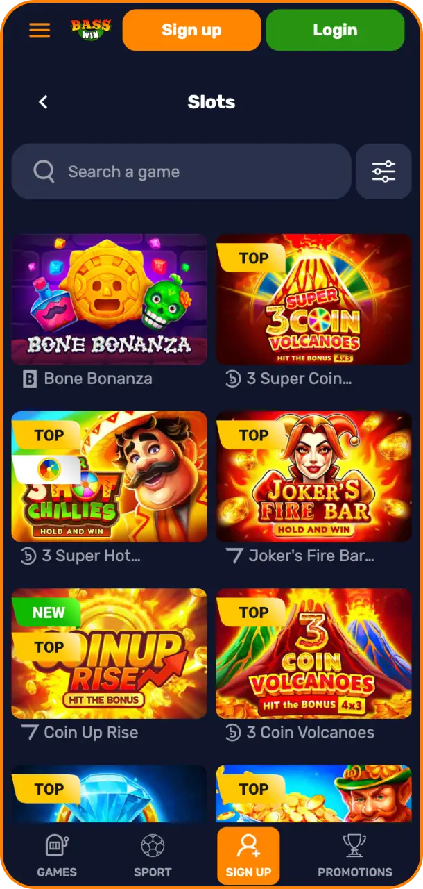 Spin thousands of mobile slot games on the app interface slots catalog at Basswin.