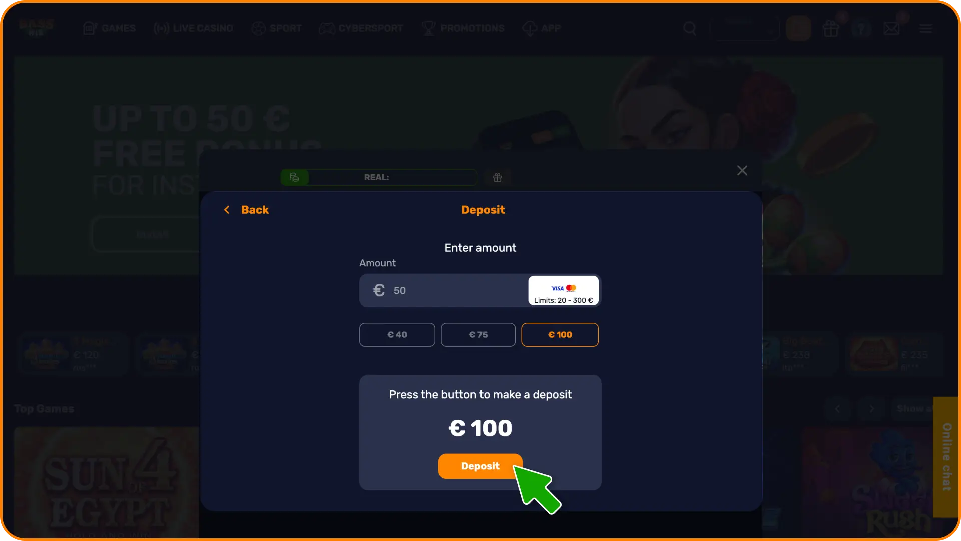 Add funds to your balance to make a qualifying deposit for the Basswin bonus.