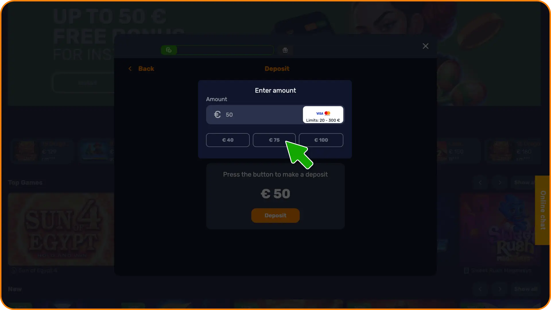 Type in your desired funding balance and enter the deposit amount on Basswin deposit.