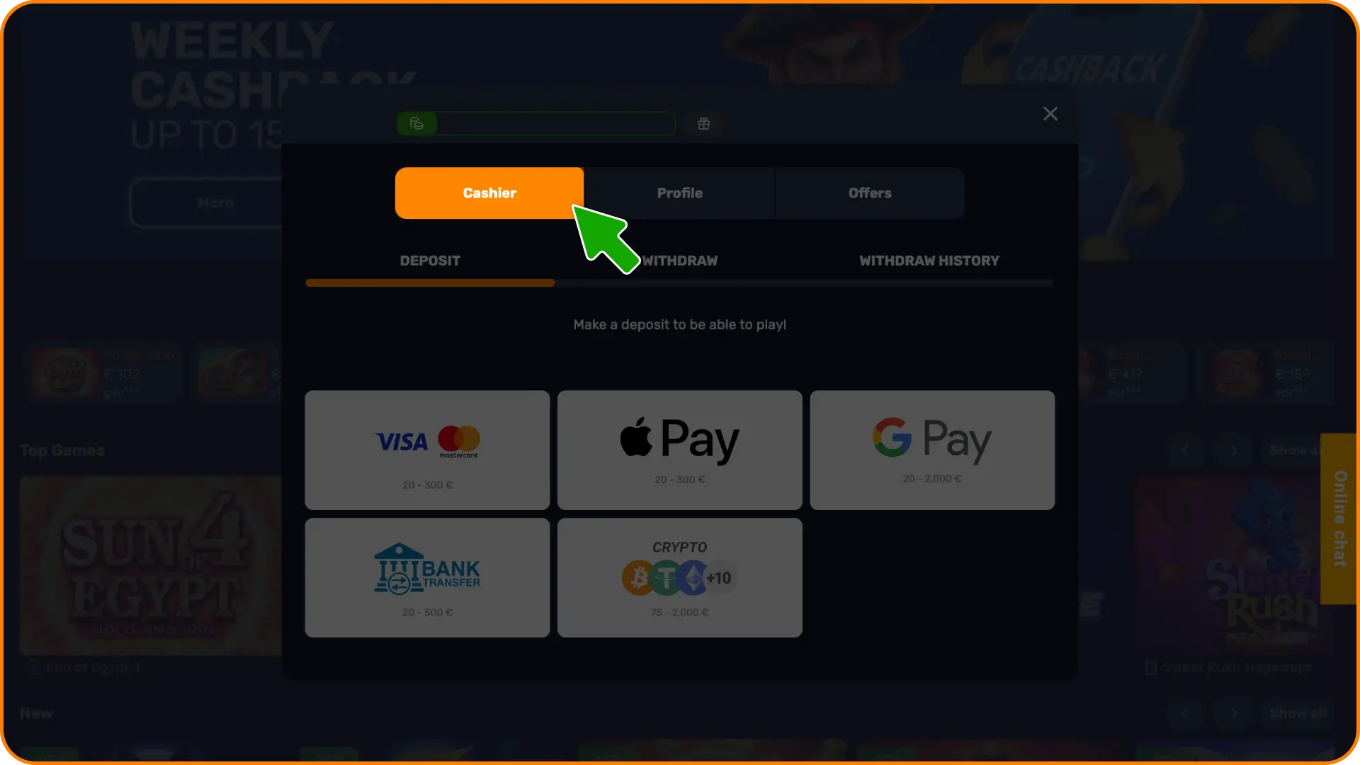 Open the secure banking tab and go to the cashier section on Basswin deposit.