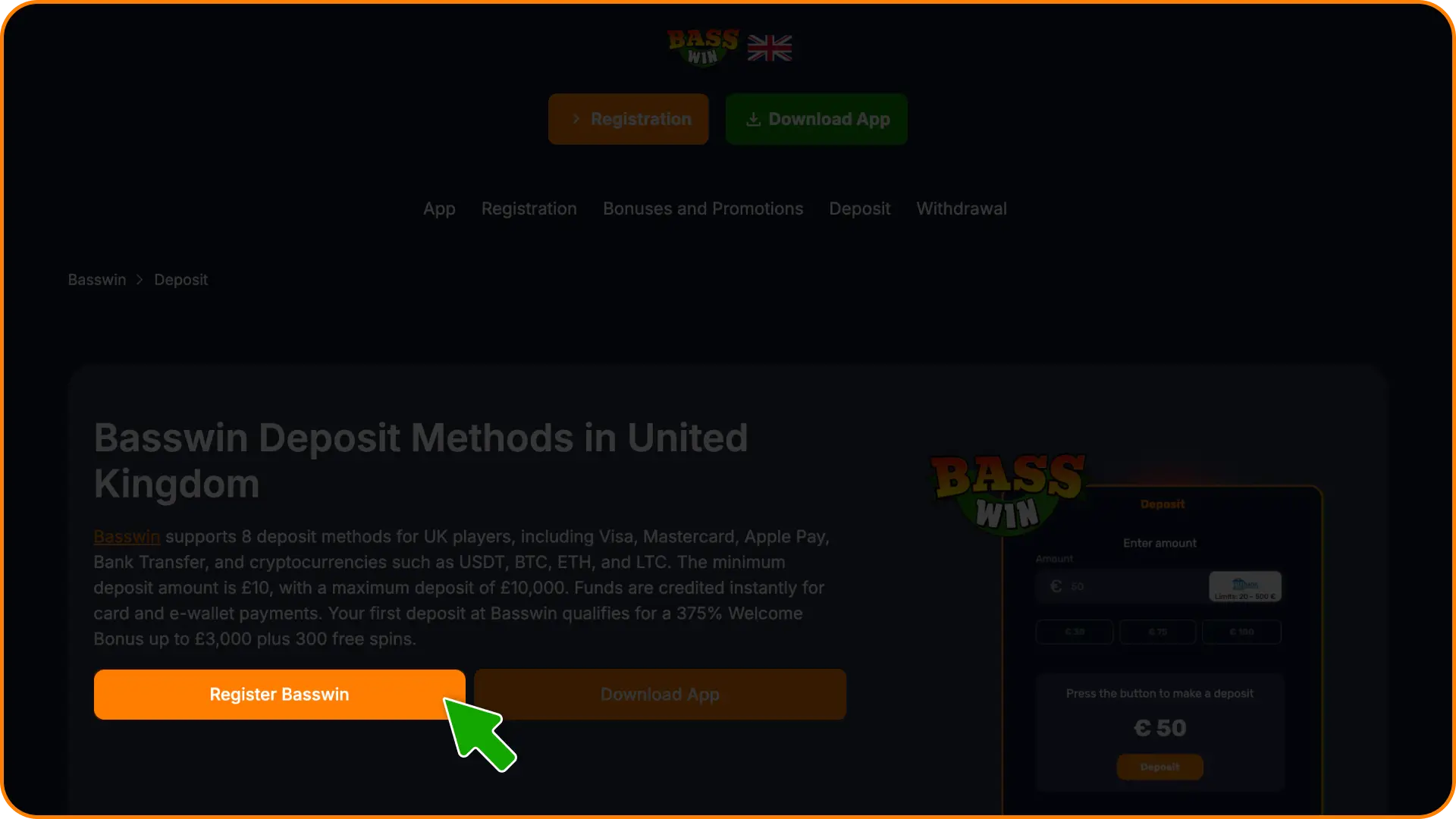 Fill in your profile details to create or log in to your account at Basswin deposit.