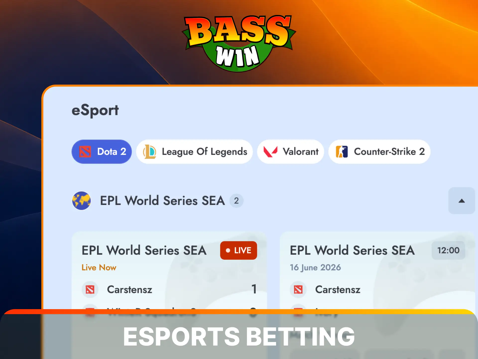 Place your wagers on top electronic competitive tournaments using Basswin eSports.