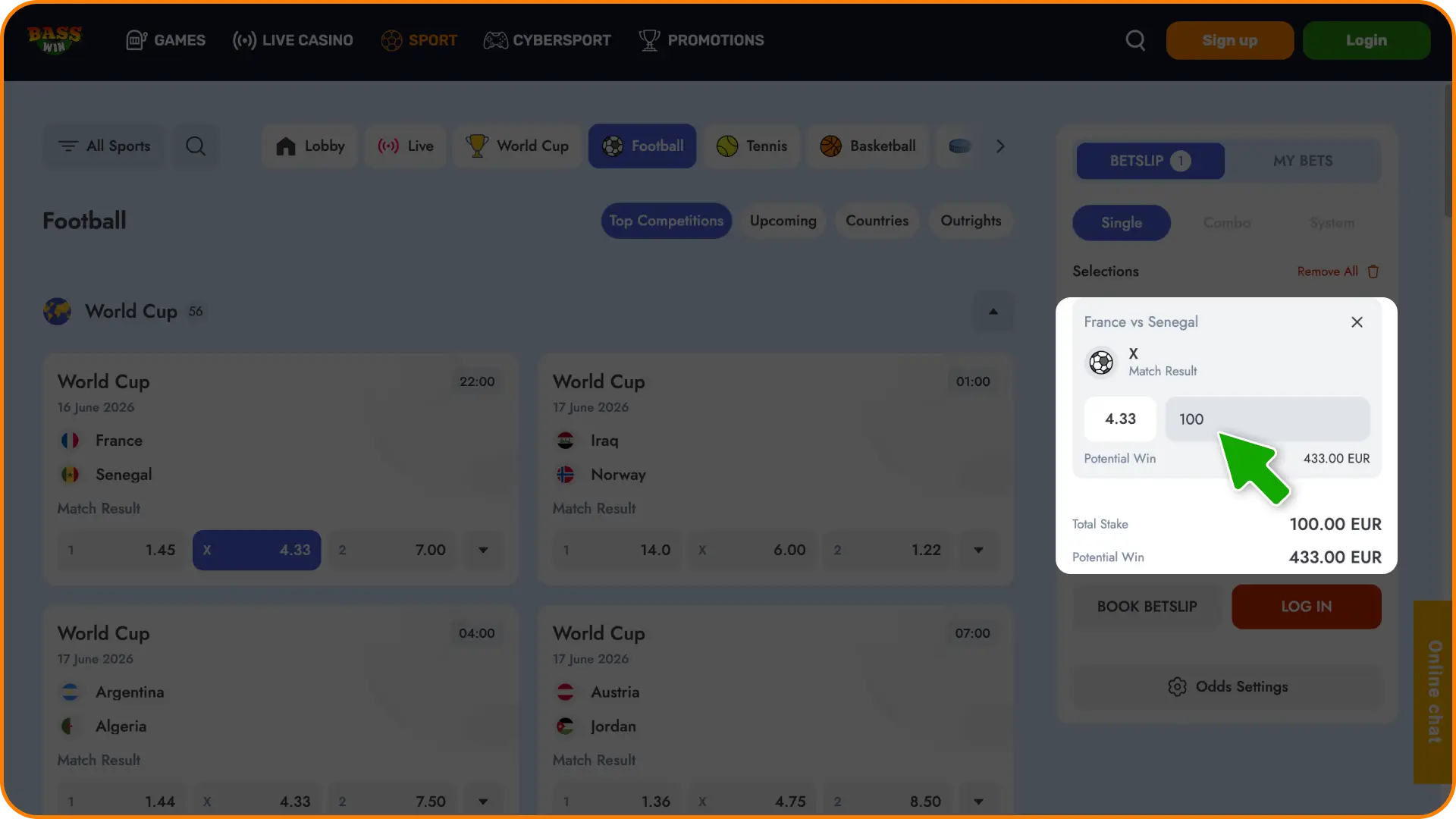 Specify your wagering amount and enter your stake into the Basswin betslip.