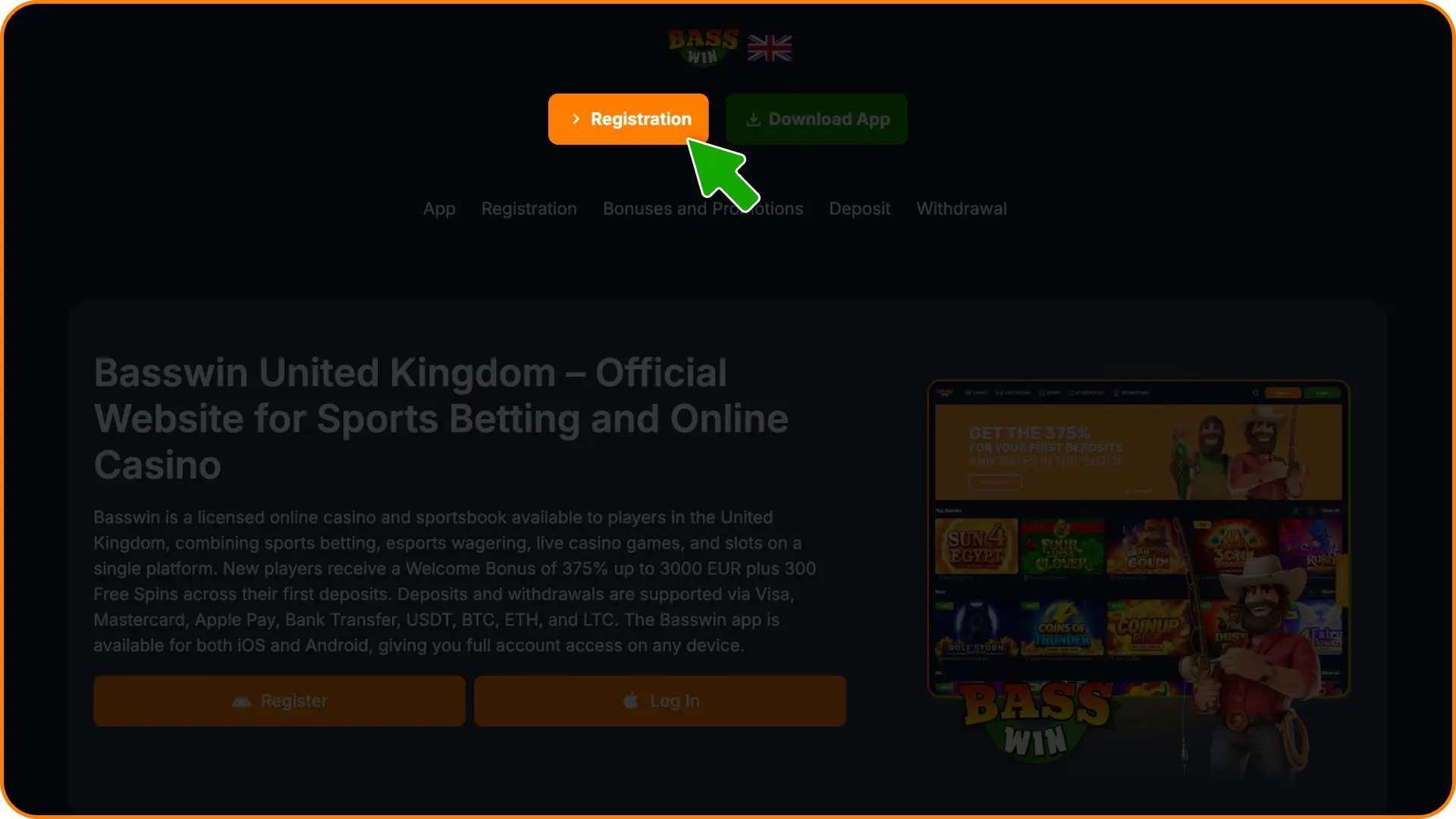 Launch your browser and open the official Basswin betting site home screen.