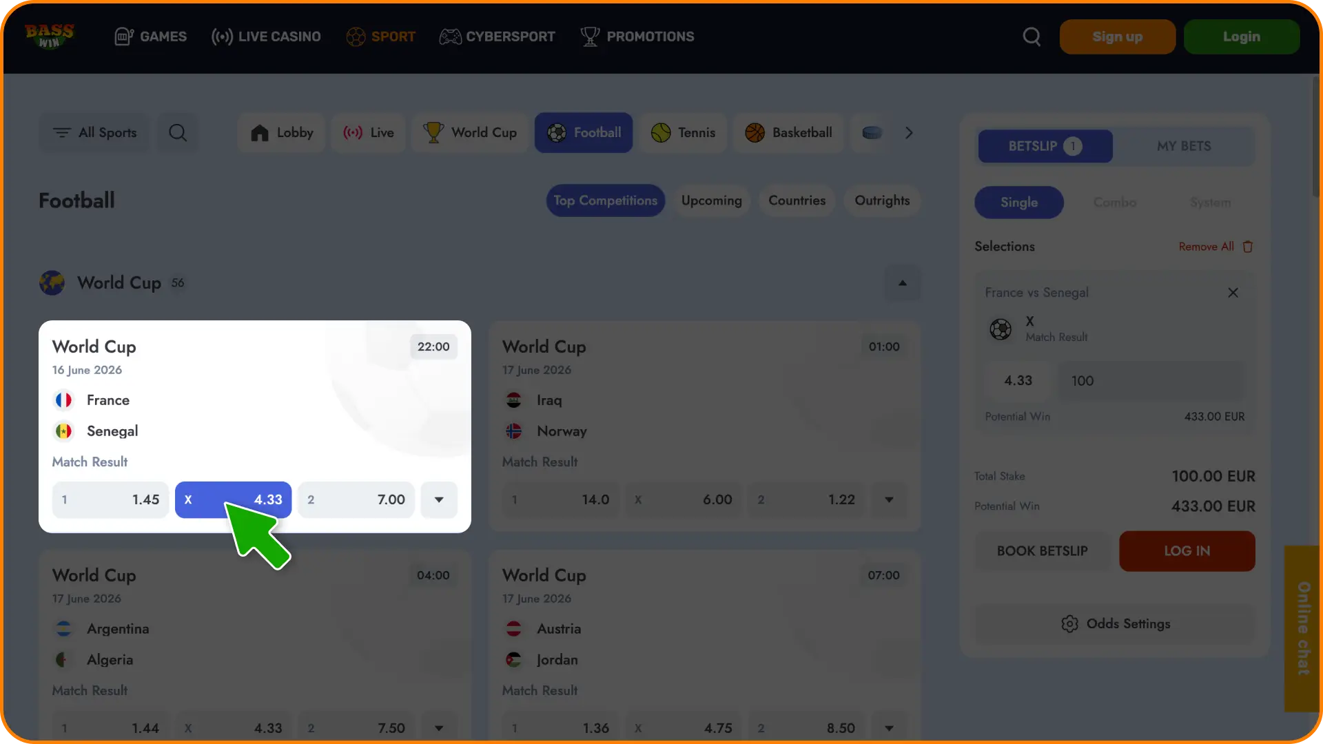 Pick your winning prediction and select your favored outcome at Basswin today.