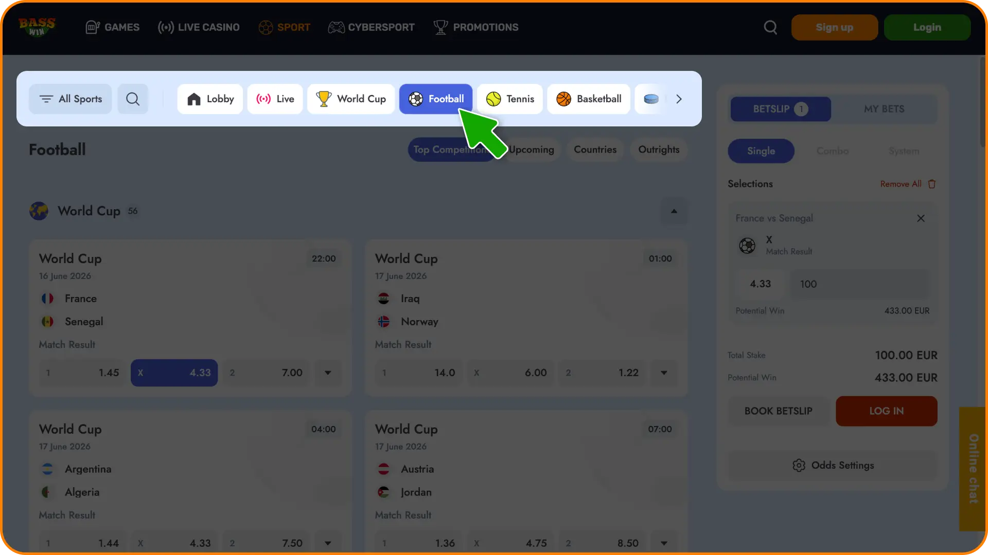 Check the available events and browse the competitive sports markets on Basswin.