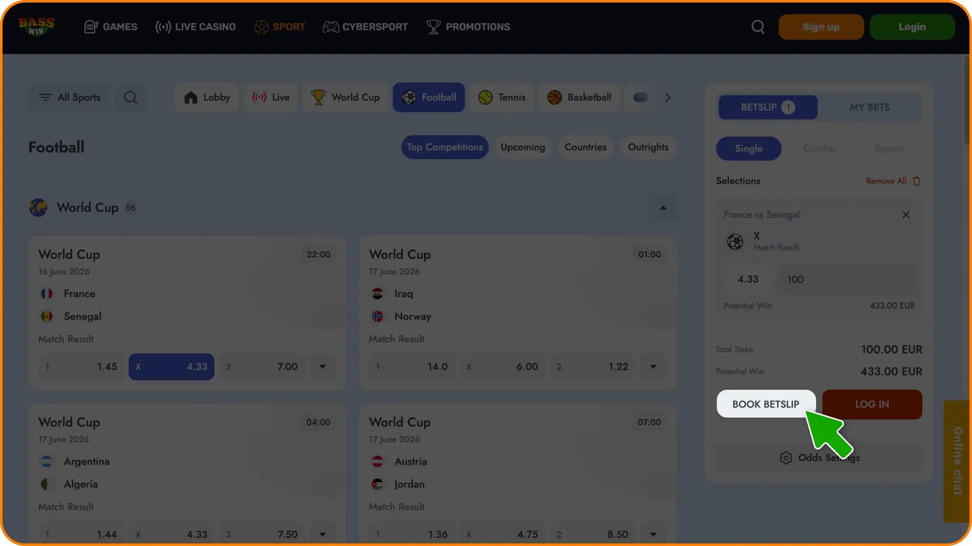 Finalize your prediction coupon to confirm your bet and start winning on Basswin.