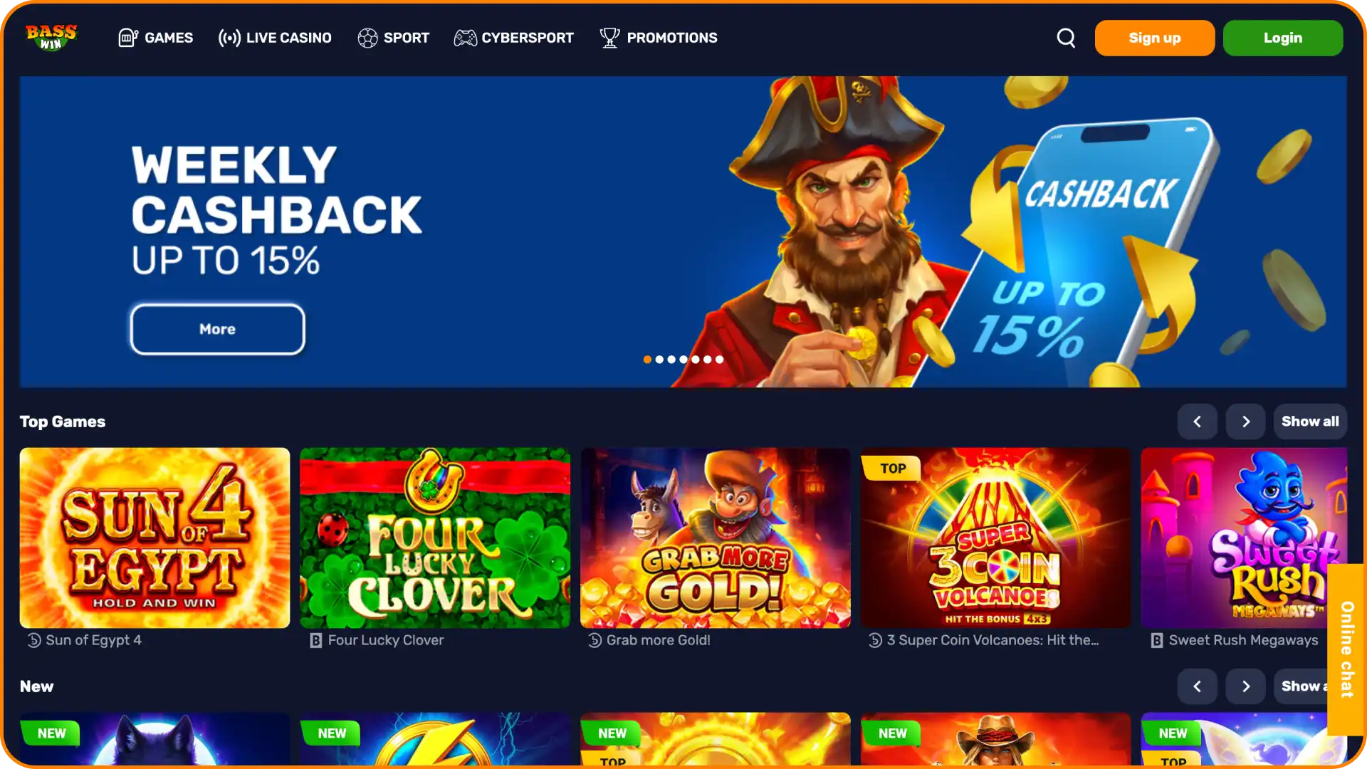 Explore the main gaming interface home screen of Basswin for UK players.