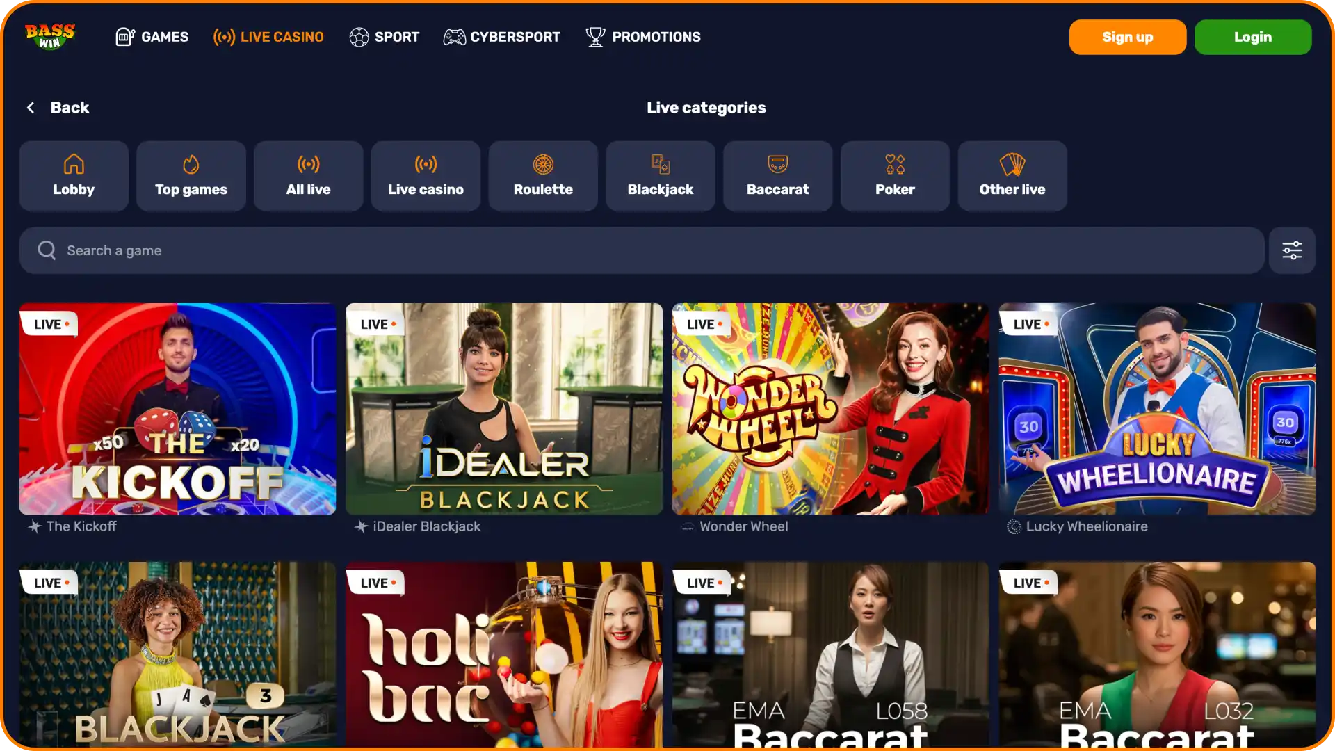 Launch professional live streaming lobbies via the main interface live casino layout.