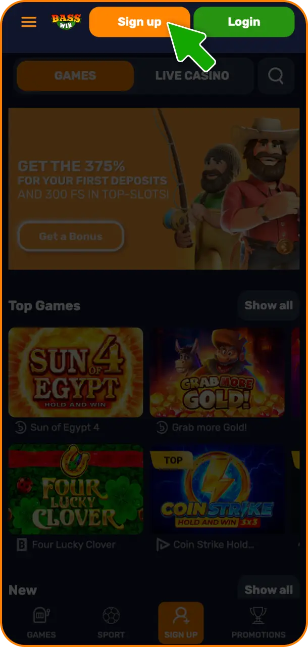 Click the new home screen shortcut to open the app and select register on Basswin.