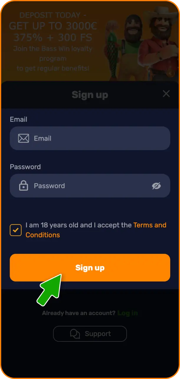 Fill in all required information fields to complete your profile and confirm your Basswin app account.