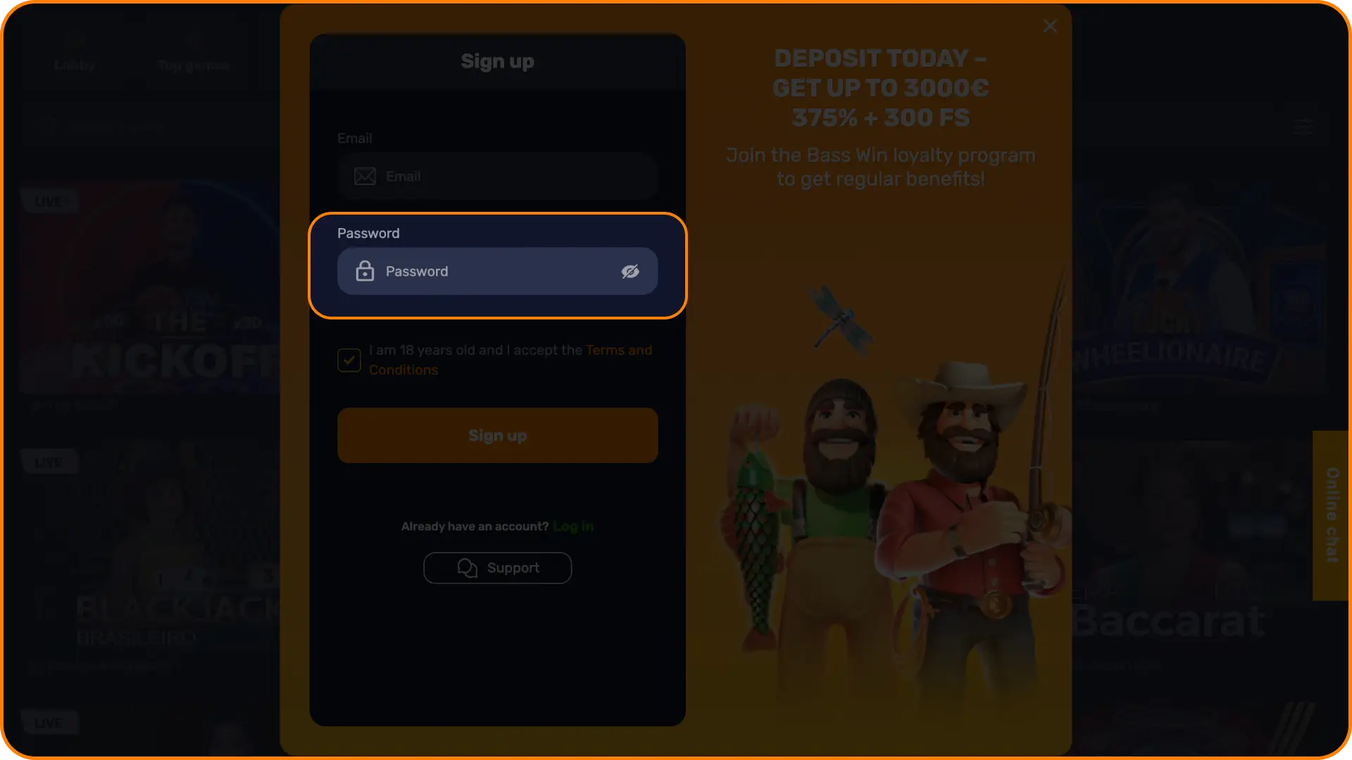 Set your account credentials securely to protect your new profile on Basswin registration.
