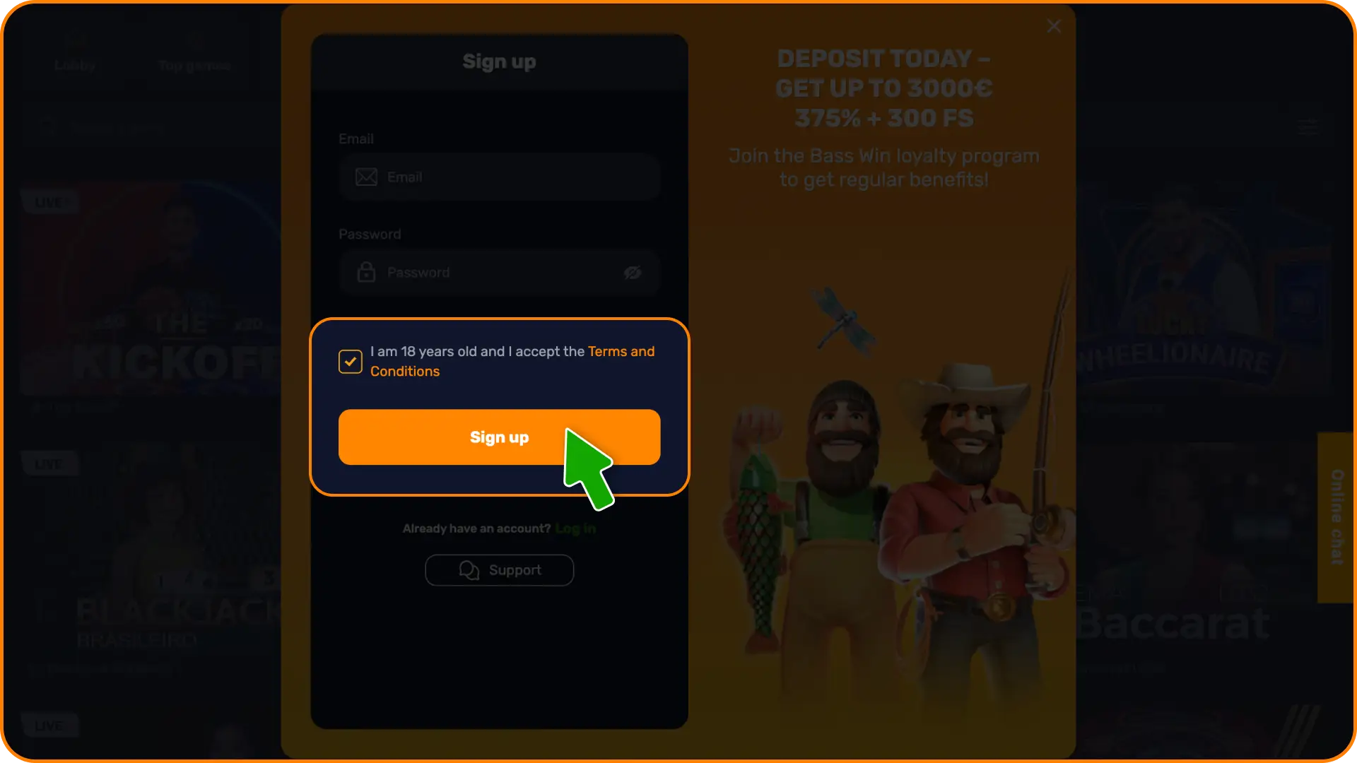 Accept the terms and confirm your newly created player profile at Basswin registration.