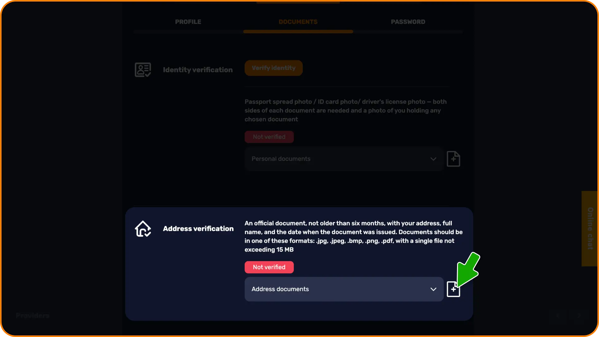 Provide a recent utility bill or bank statement to submit proof of address on Basswin registration.