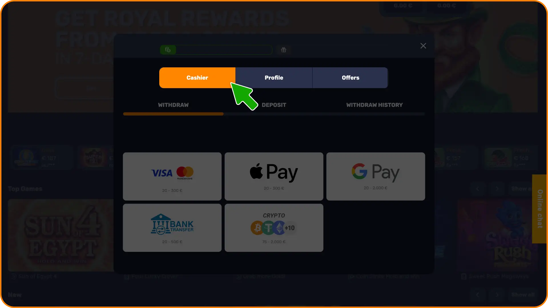 Open the secure banking interface to go to the cashier section on Basswin withdrawal.