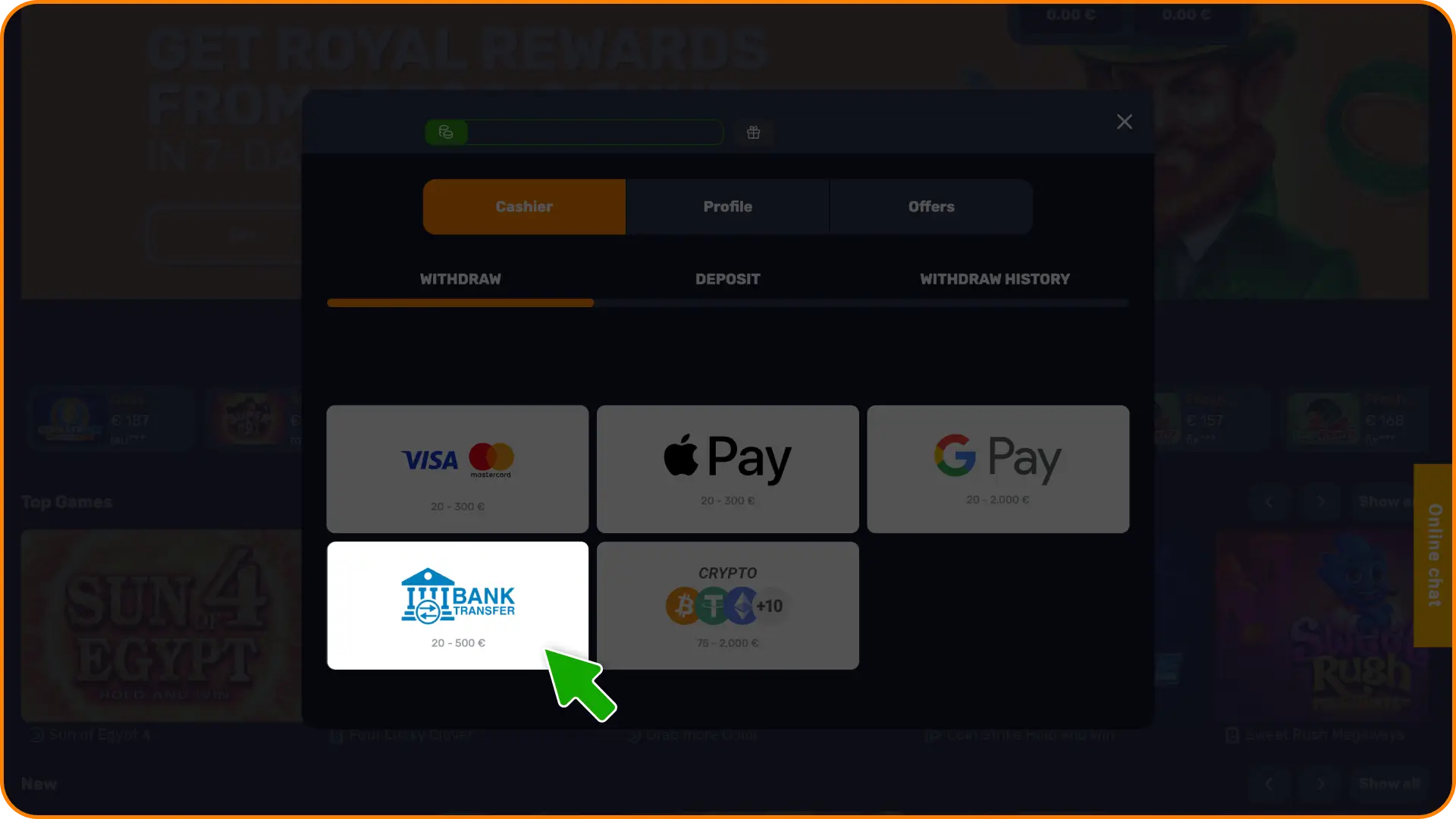 Review your favorite financial channels to select withdrawal and choose your method at Basswin.
